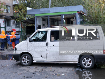 A van in the Solomianskyi district is damaged by a Russian drone attack in Kyiv, Ukraine, on October 29, 2024. Six people are injured, and 1...