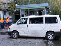 A van in the Solomianskyi district is damaged by a Russian drone attack in Kyiv, Ukraine, on October 29, 2024. Six people are injured, and 1...