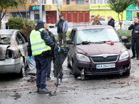 A police officer holds a piece of debris in the Solomianskyi district after a Russian drone attack in Kyiv, Ukraine, on October 29, 2024. Si...