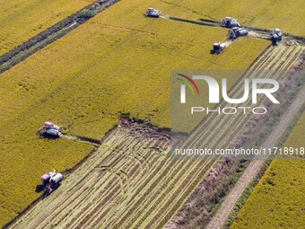 Workers operate machines to harvest rice at Baima Lake farm in Huai'an, China, on October 29, 2024. (