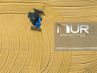 Workers operate machines to harvest rice at Baima Lake farm in Huai'an, China, on October 29, 2024. (