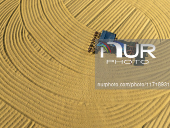 Workers operate machines to harvest rice at Baima Lake farm in Huai'an, China, on October 29, 2024. (