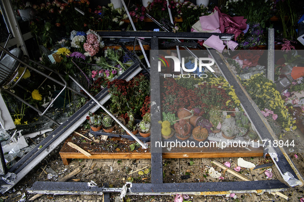 The damage to a flower shop after a Russian drone strike in Kyiv, Ukraine, on October 29, 2024 