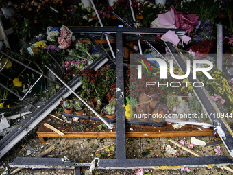 The damage to a flower shop after a Russian drone strike in Kyiv, Ukraine, on October 29, 2024 (