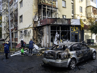 Cars burn down after a Russian drone strike in Kyiv, Ukraine, on October 29, 2024 (