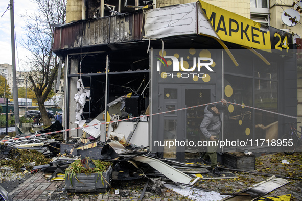 A Russian drone strike occurs near a residential building in Kyiv, Ukraine, on October 29, 2024 