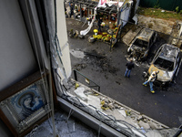 The view from the damaged apartment to the site of a Russian drone strike near a residential building in Kyiv, Ukraine, on October 29, 2024,...