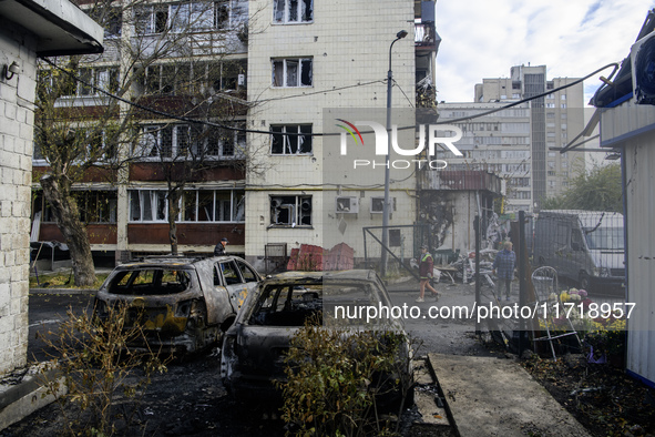 A Russian drone strike occurs near a residential building in Kyiv, Ukraine, on October 29, 2024 