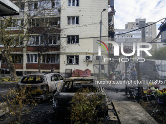 A Russian drone strike occurs near a residential building in Kyiv, Ukraine, on October 29, 2024 (