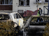 Cars burn down after a Russian drone strike in Kyiv, Ukraine, on October 29, 2024 (