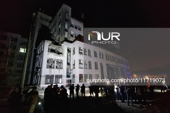 A Russian guided bomb damages the 1930s Derzhprom building in central Kharkiv, northeastern Ukraine, on October 28, 2024. 