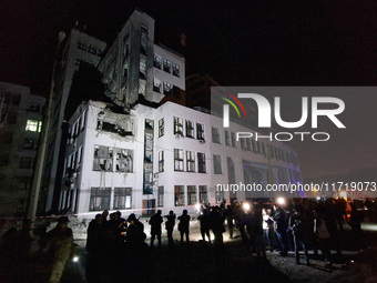 A Russian guided bomb damages the 1930s Derzhprom building in central Kharkiv, northeastern Ukraine, on October 28, 2024. (