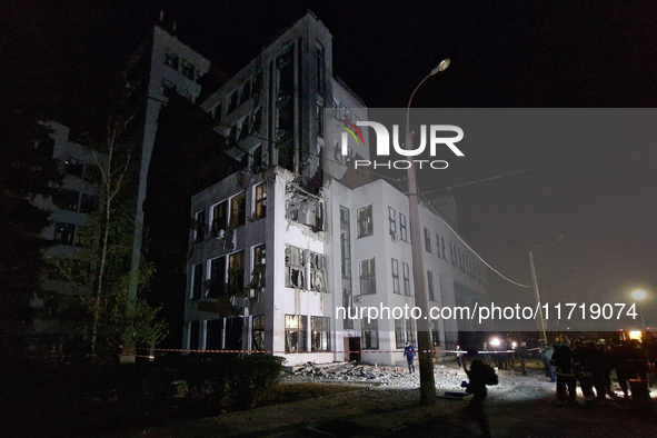 A Russian guided bomb damages the 1930s Derzhprom building in central Kharkiv, northeastern Ukraine, on October 28, 2024. 