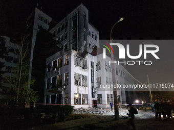 A Russian guided bomb damages the 1930s Derzhprom building in central Kharkiv, northeastern Ukraine, on October 28, 2024. (