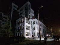 A Russian guided bomb damages the 1930s Derzhprom building in central Kharkiv, northeastern Ukraine, on October 28, 2024. (