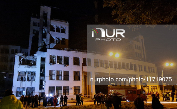 A Russian guided bomb damages the 1930s Derzhprom building in central Kharkiv, northeastern Ukraine, on October 28, 2024. 