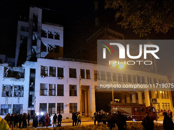 A Russian guided bomb damages the 1930s Derzhprom building in central Kharkiv, northeastern Ukraine, on October 28, 2024. (