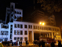 A Russian guided bomb damages the 1930s Derzhprom building in central Kharkiv, northeastern Ukraine, on October 28, 2024. (