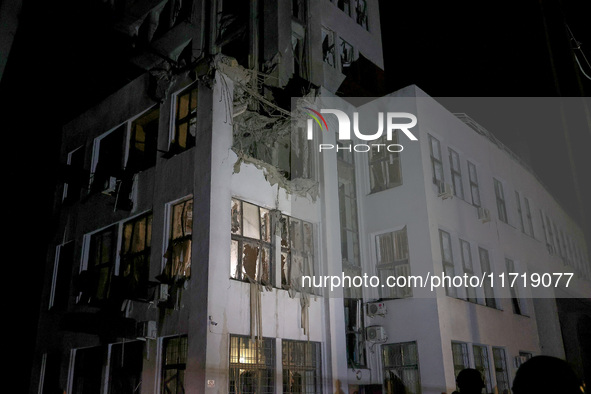 A Russian guided bomb damages the 1930s Derzhprom building in central Kharkiv, northeastern Ukraine, on October 28, 2024. 