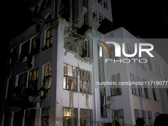 A Russian guided bomb damages the 1930s Derzhprom building in central Kharkiv, northeastern Ukraine, on October 28, 2024. (