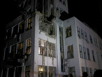 A Russian guided bomb damages the 1930s Derzhprom building in central Kharkiv, northeastern Ukraine, on October 28, 2024. (