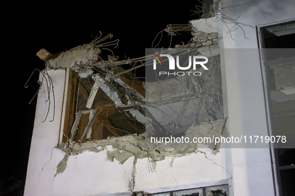 A Russian guided bomb damages the 1930s Derzhprom building in central Kharkiv, northeastern Ukraine, on October 28, 2024. 