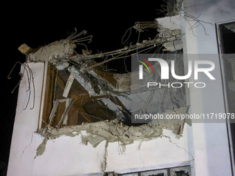 A Russian guided bomb damages the 1930s Derzhprom building in central Kharkiv, northeastern Ukraine, on October 28, 2024. (