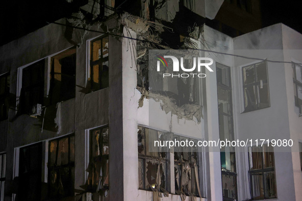 A Russian guided bomb damages the 1930s Derzhprom building in central Kharkiv, northeastern Ukraine, on October 28, 2024. 