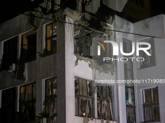 A Russian guided bomb damages the 1930s Derzhprom building in central Kharkiv, northeastern Ukraine, on October 28, 2024. (