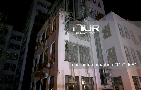 A Russian guided bomb damages the 1930s Derzhprom building in central Kharkiv, northeastern Ukraine, on October 28, 2024. 