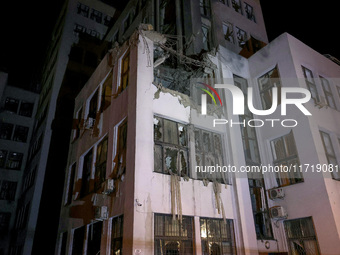 A Russian guided bomb damages the 1930s Derzhprom building in central Kharkiv, northeastern Ukraine, on October 28, 2024. (