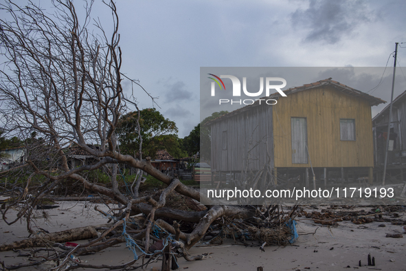 Houses are condemned due to rising sea levels caused by climate change on Marajo Island, located at the mouth of the Amazon River, in Soure,...