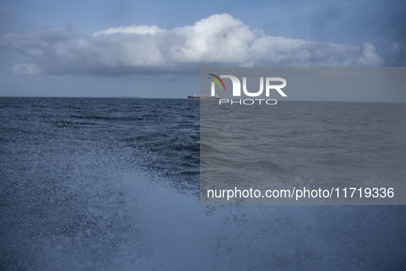 A cargo boat is at the mouth of the Amazon River in Soure, Para, Brazil, on October 10, 2024. 