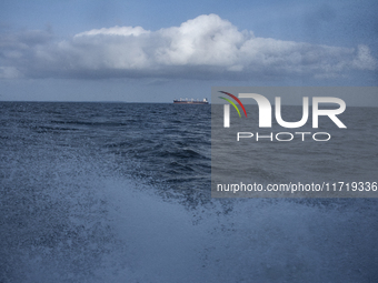 A cargo boat is at the mouth of the Amazon River in Soure, Para, Brazil, on October 10, 2024. (