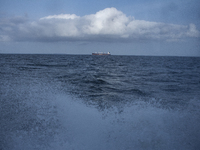 A cargo boat is at the mouth of the Amazon River in Soure, Para, Brazil, on October 10, 2024. (