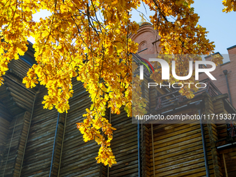 Yellow oak leaves are in front of the Golden Gate in Kyiv, Ukraine, on October 28, 2024. (