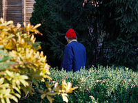 A man in a red hat and denim jacket stands in the square near the Golden Gate in Kyiv, Ukraine, on October 28, 2024. (