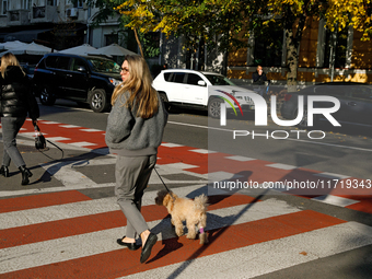 A woman with a dog crosses a street in Kyiv, Ukraine, on October 28, 2024. (