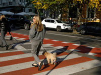 A woman with a dog crosses a street in Kyiv, Ukraine, on October 28, 2024. (