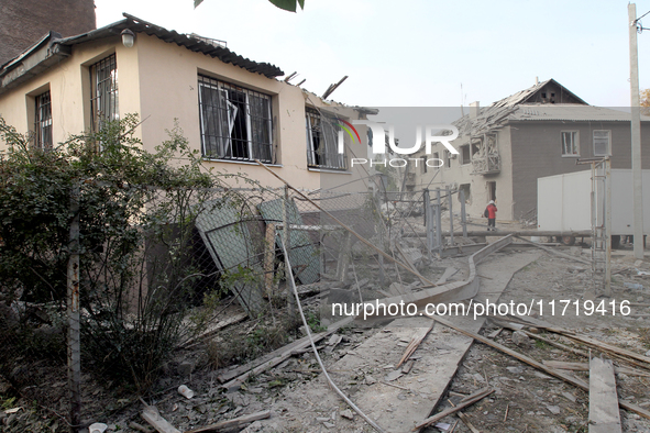 Residential buildings in the Novokodatskyi district in Dnipro, Ukraine, are in ruins after the Russian missile attack that takes place in th...