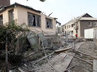 Residential buildings in the Novokodatskyi district in Dnipro, Ukraine, are in ruins after the Russian missile attack that takes place in th...