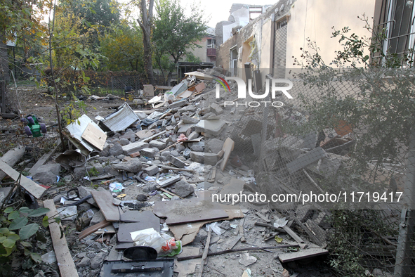 A residential building in the Novokodatskyi district in Dnipro, Ukraine, lies in ruins after the Russian missile attack on October 25, 2024....