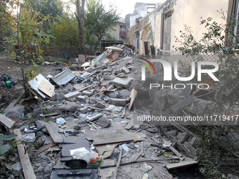 A residential building in the Novokodatskyi district in Dnipro, Ukraine, lies in ruins after the Russian missile attack on October 25, 2024....