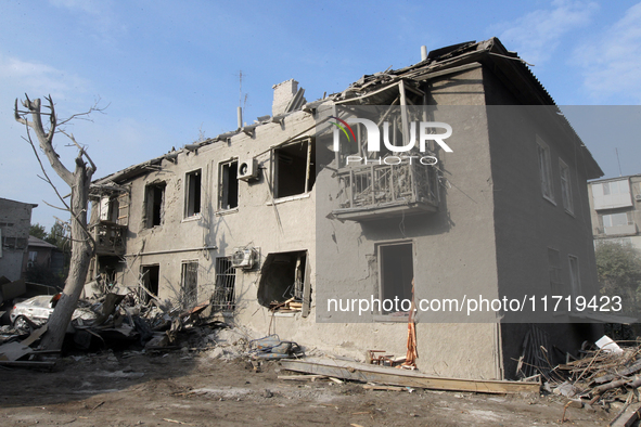 A residential building in the Novokodatskyi district in Dnipro, Ukraine, lies in ruins after the Russian missile attack on October 25, 2024....