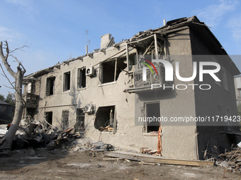 A residential building in the Novokodatskyi district in Dnipro, Ukraine, lies in ruins after the Russian missile attack on October 25, 2024....