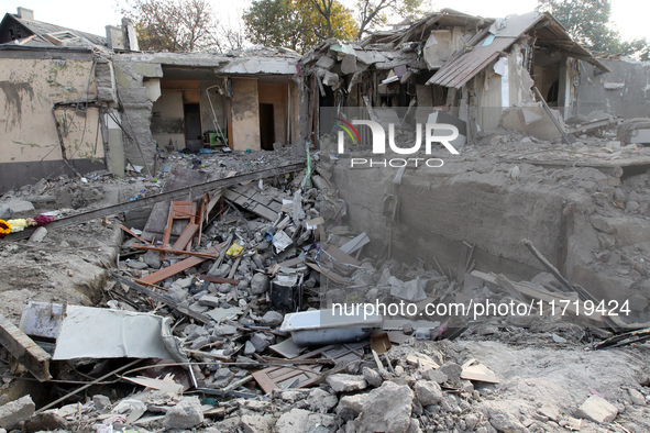 A residential building in the Novokodatskyi district in Dnipro, Ukraine, lies in ruins after the Russian missile attack on October 25, 2024....