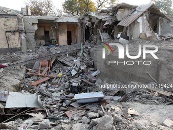 A residential building in the Novokodatskyi district in Dnipro, Ukraine, lies in ruins after the Russian missile attack on October 25, 2024....