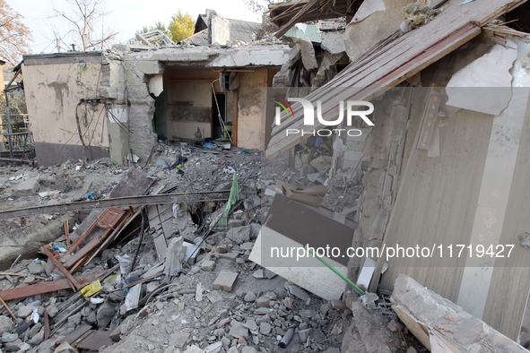 A residential building in the Novokodatskyi district in Dnipro, Ukraine, lies in ruins after the Russian missile attack on October 25, 2024....