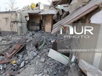 A residential building in the Novokodatskyi district in Dnipro, Ukraine, lies in ruins after the Russian missile attack on October 25, 2024....