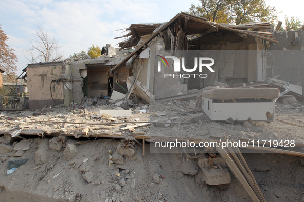 A residential building in the Novokodatskyi district in Dnipro, Ukraine, lies in ruins after the Russian missile attack on October 25, 2024....